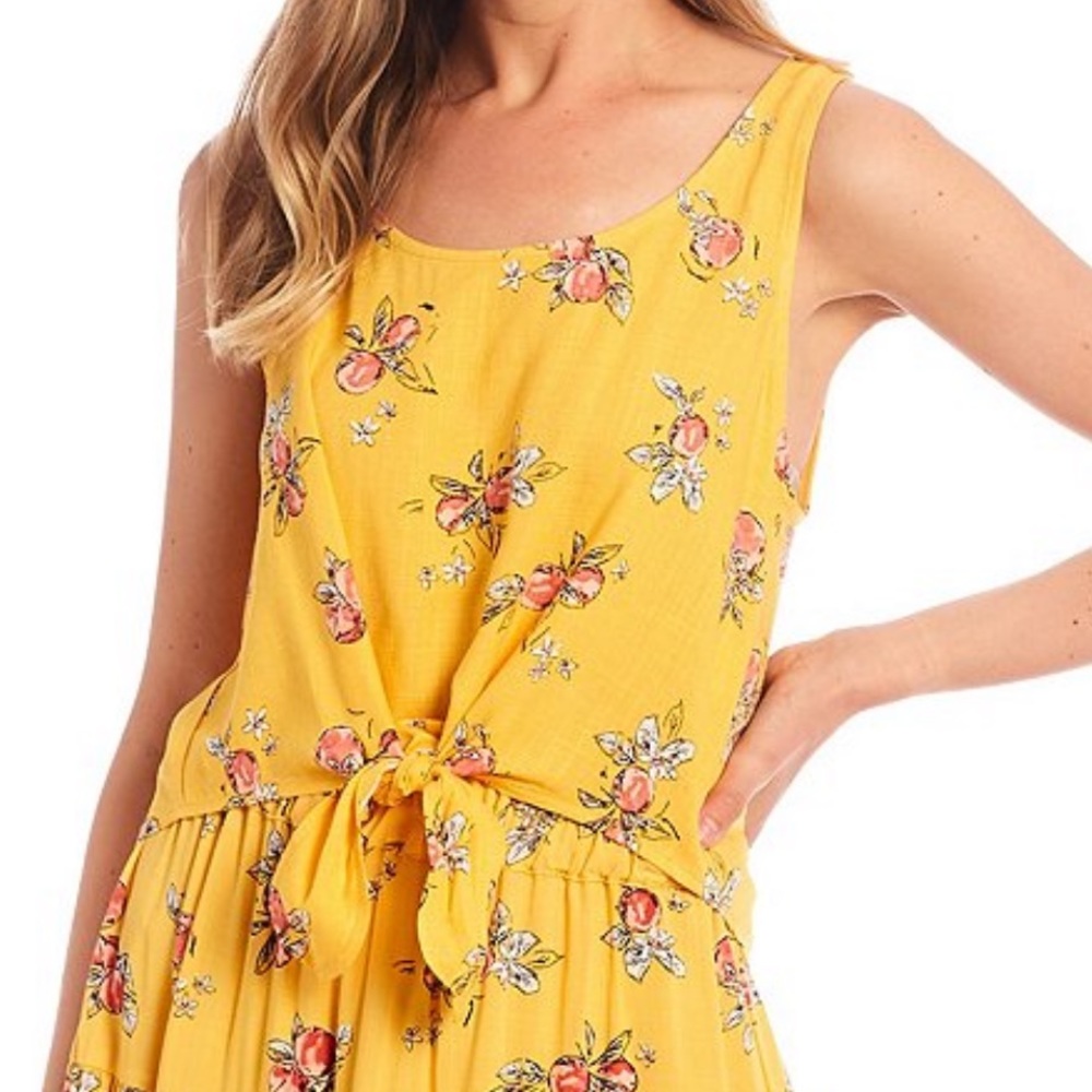 Copper Key Yellow Citrus Print Knot Front Tank Top L